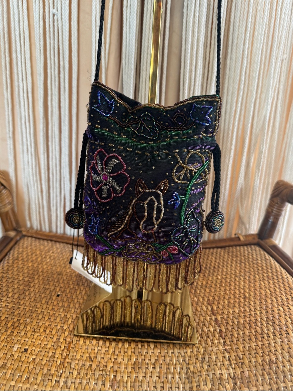 Vintage Hand Beaded Horse Drawstring Pouch Purse Boho Crossbody Fringe Epona - Picture 12 of 13